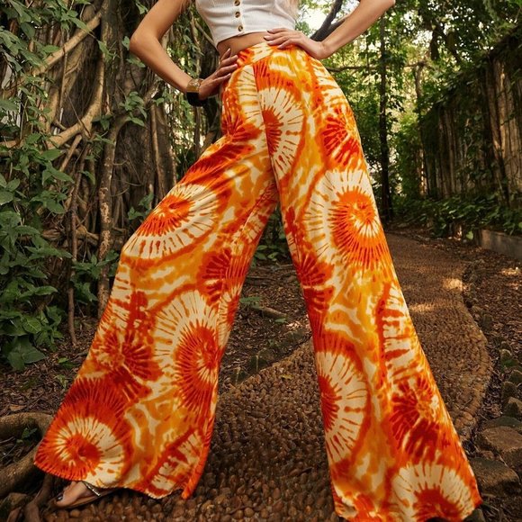. Pants - Orange Boho Womens Spiral Tie Dye Wide Leg Pants